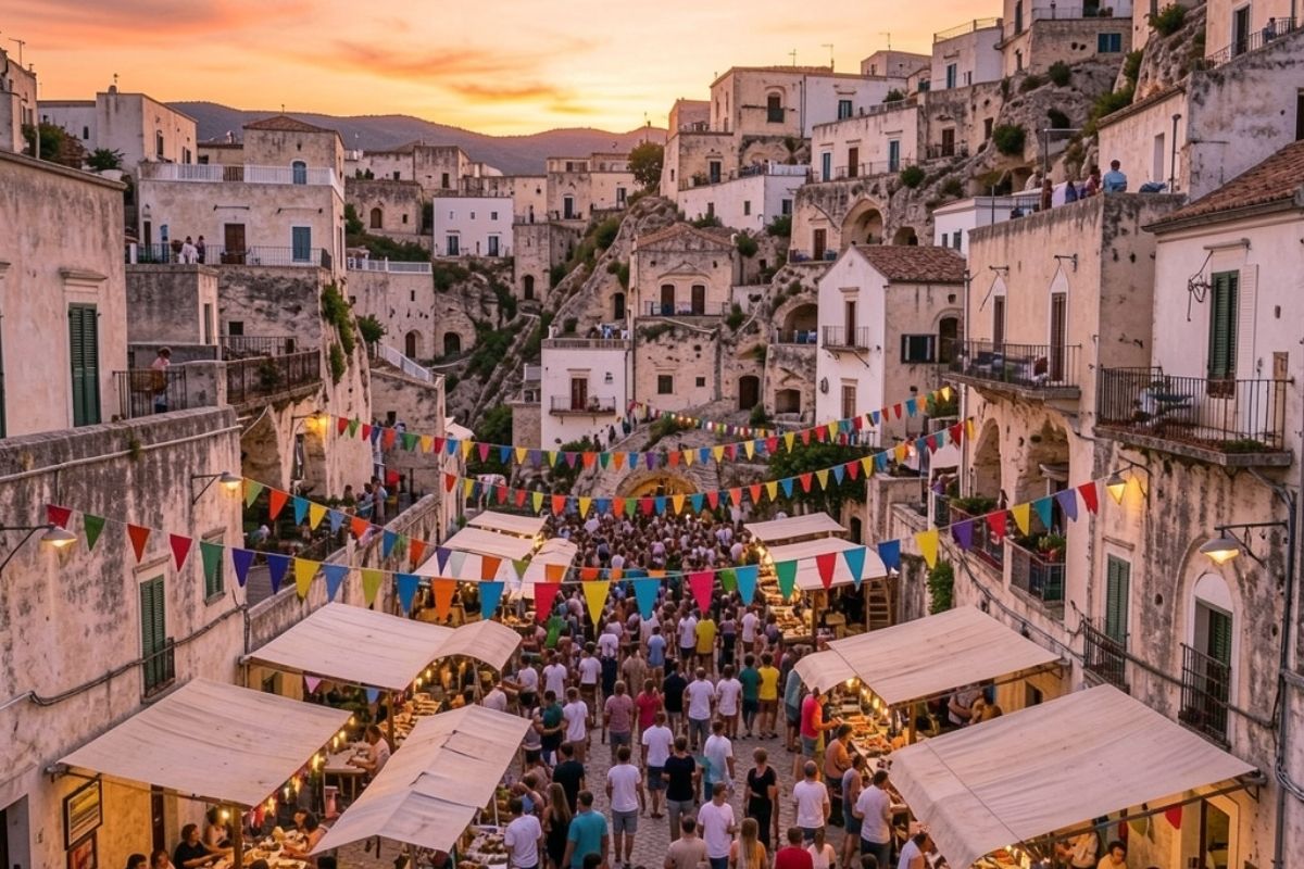 Panoramica dei Sassi di Matera al tramonto con folla durante una festa tradizionale, bandiere colorate, atmosfera festosa