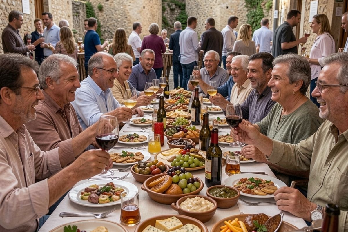 Dettaglio di una tavolata all'aperto durante una sagra materana, piatti tipici locali, persone che brindano, Sassi sullo sfondo