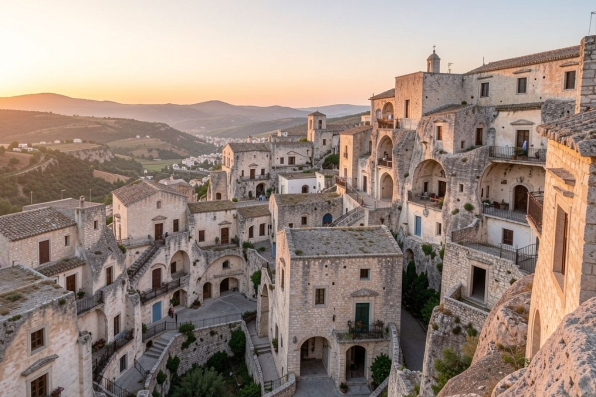 Panorama ampio sui Sassi di Matera all’alba, con vista che mostra chiaramente la differenza morfologica tra Sasso Caveoso e Sasso Barisano. Atmosfera autentica, pietra calcarea, tegole, scorci di chiese rupestri.